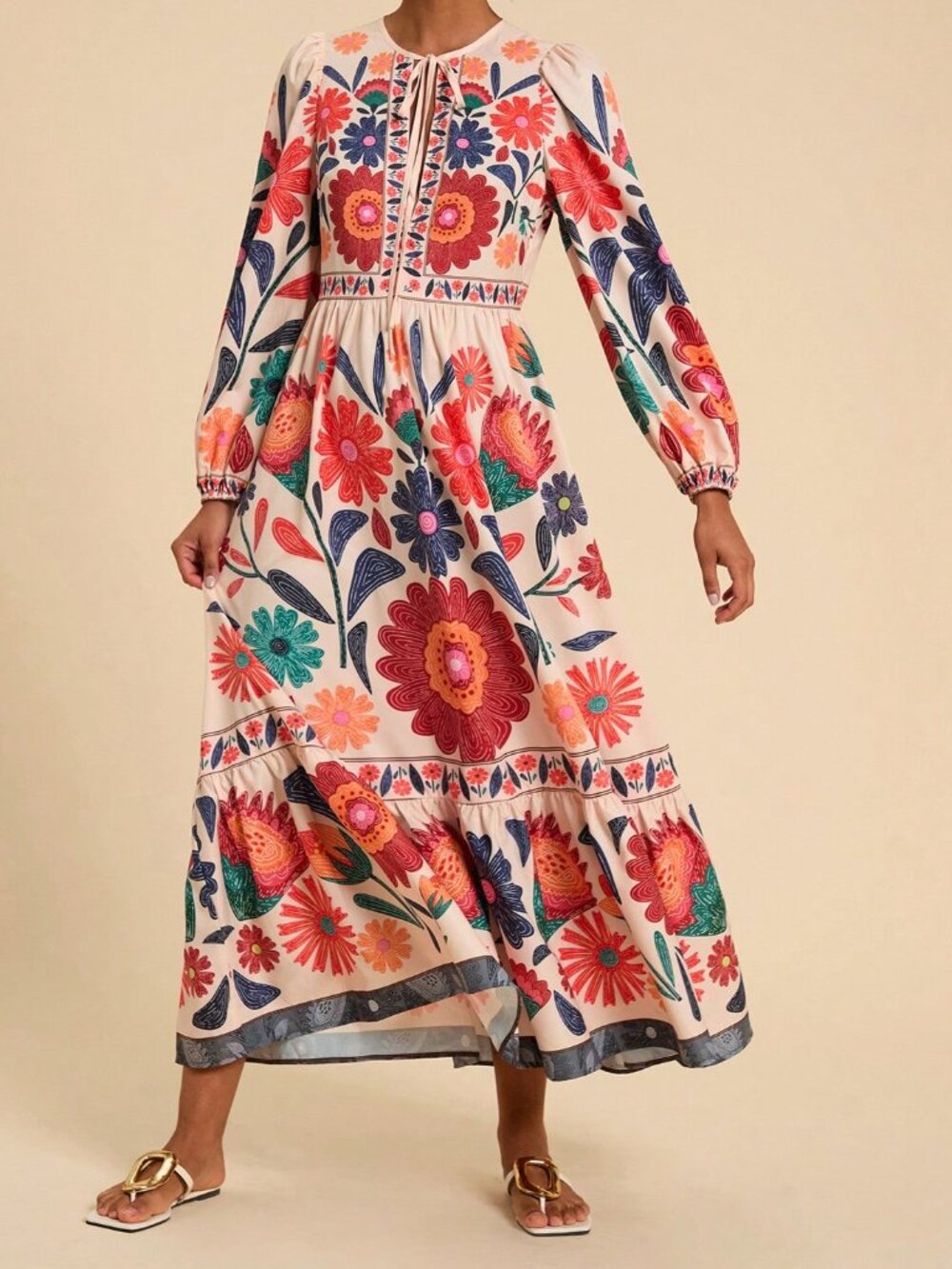 Multicolor Boho Women's Vacation Floral Print Tie-Up Long Sleeve Dress - Picture 5 of 6